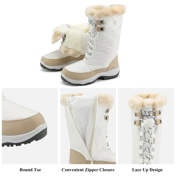 Fur Mid Calf Snow Boots - BEIGE WHITE - 4